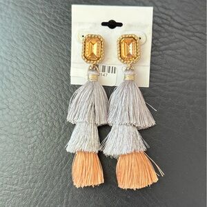 Neutral Ombre Multi-Color 3 Stacked Tassel Earrings with Crystal Stud
